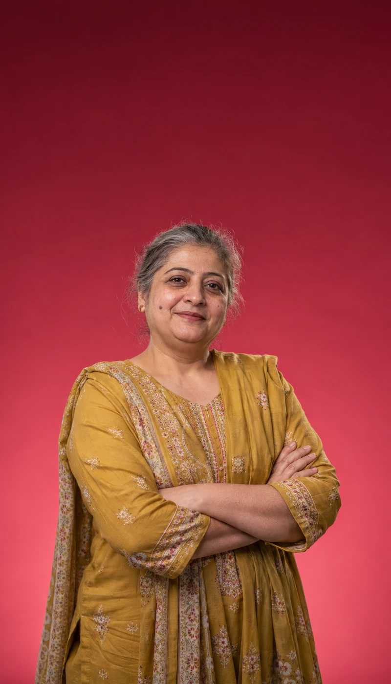 Woman in her fifties in a mustard kurta with arms crossed