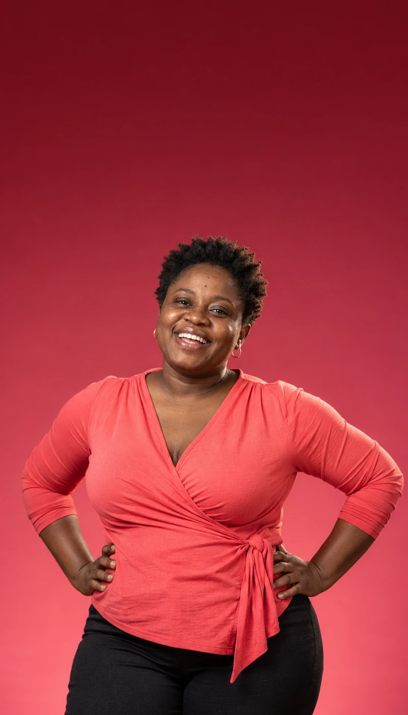 Smiling woman in a coral top with hands on hips