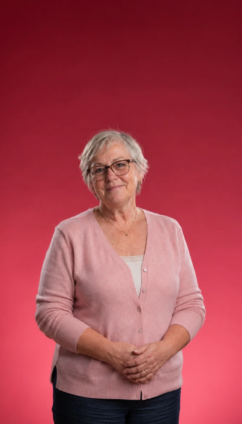 Older woman with glasses in a pink cardigan