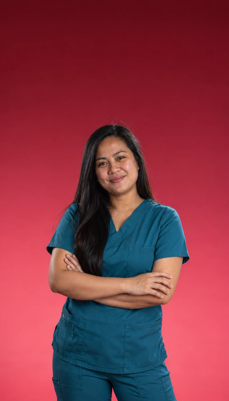 Woman in teal scrubs with arms folded