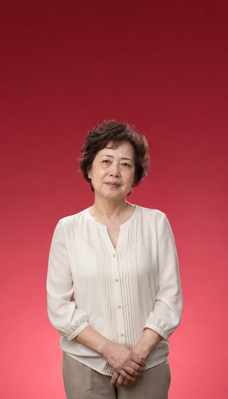 Woman with short hair in a cream blouse