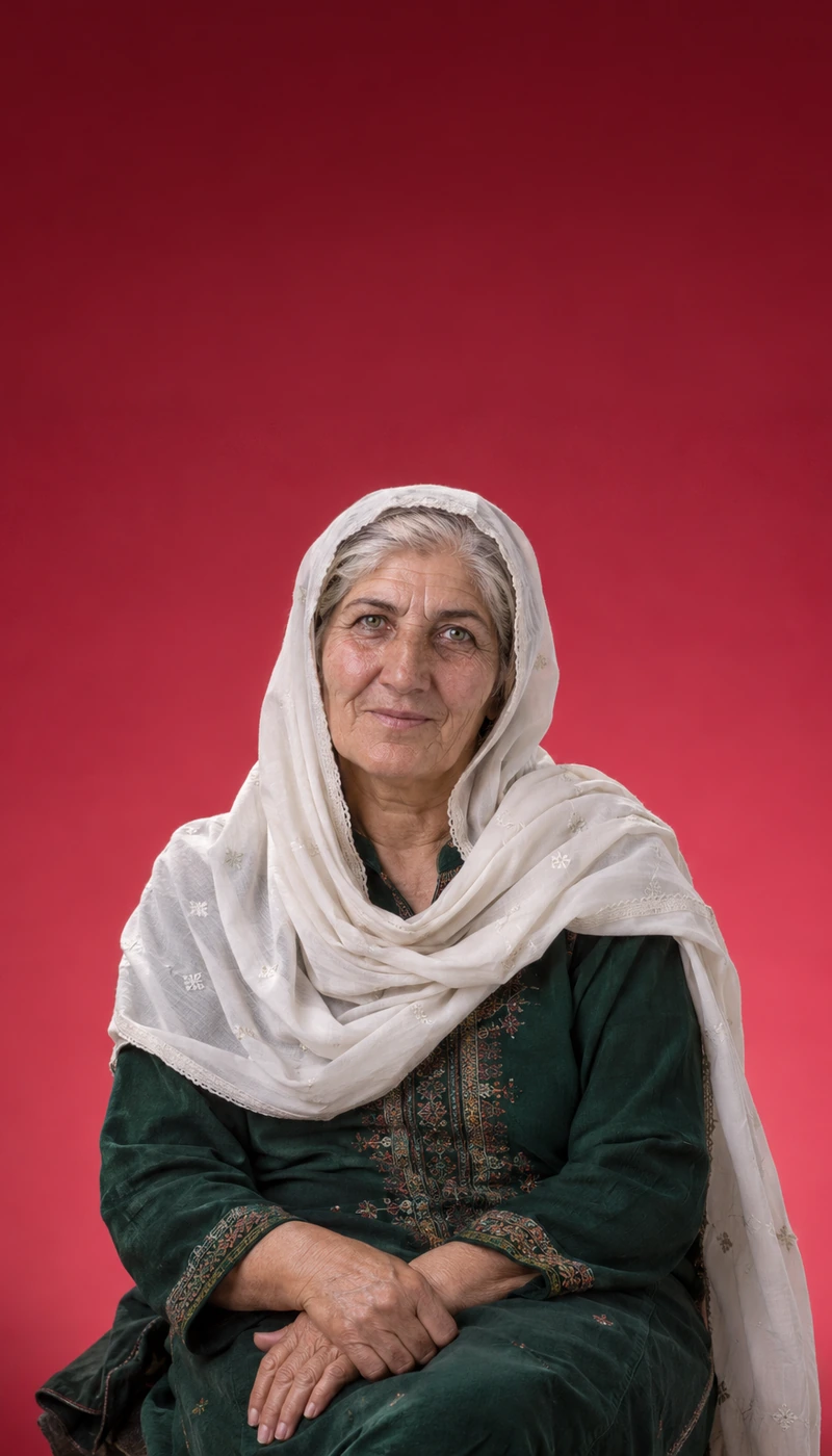 Older woman in a white headscarf and green kameez