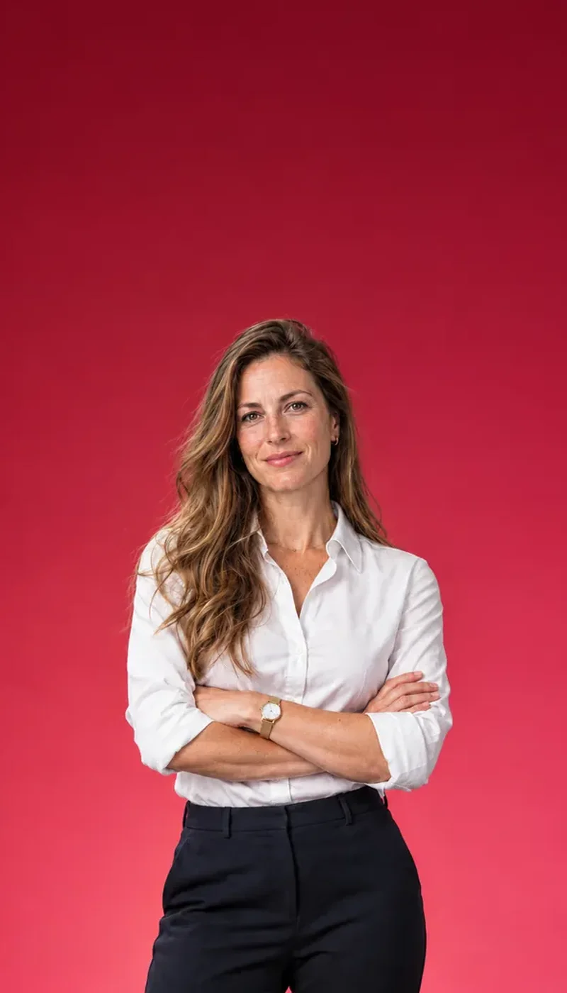Professional woman in a white shirt with arms crossed