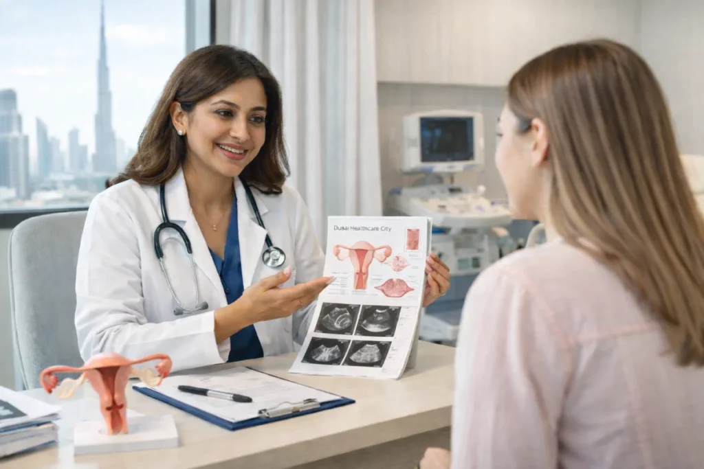 Best gynecologist in Dubai consulting a patient in Dubai Healthcare City clinic